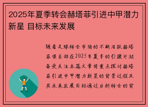 2025年夏季转会赫塔菲引进中甲潜力新星 目标未来发展